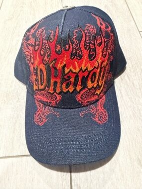Ed Hardy Denim Trucker Cap with Red and Orange Flame Logo